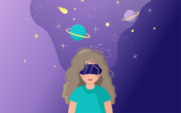 Uma mulher usando óculos de realidade virtual está conectada ao espaço virtual do metaverso