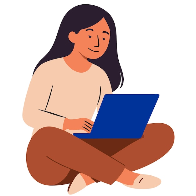 uma mulher usando um laptop e sentada no chão