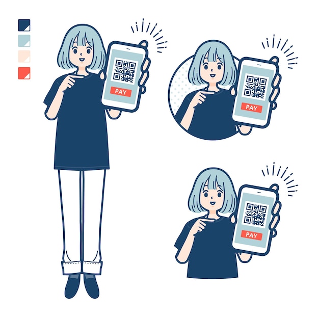 Uma mulher vestindo uma camiseta de tamanho grande com pagamento sem dinheiro em imagens de smartphone