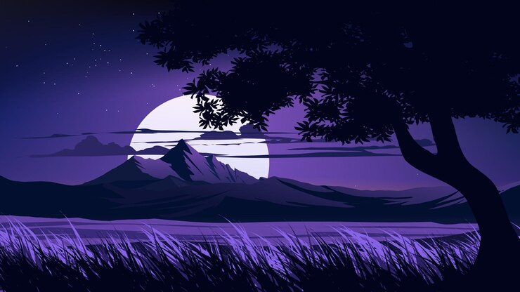 Vetor uma noite escura com uma árvore e uma lua