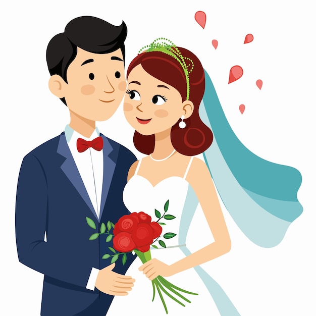 Vetor uma noiva e um noivo estão posando para uma foto com flores e um homem em um terno azul