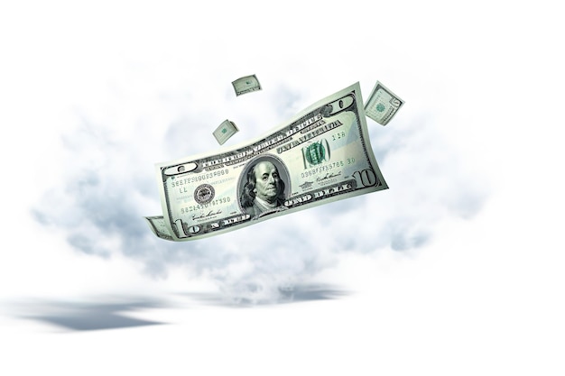 Uma nota de um dólar está voando no céu com as palavras " dólar ".