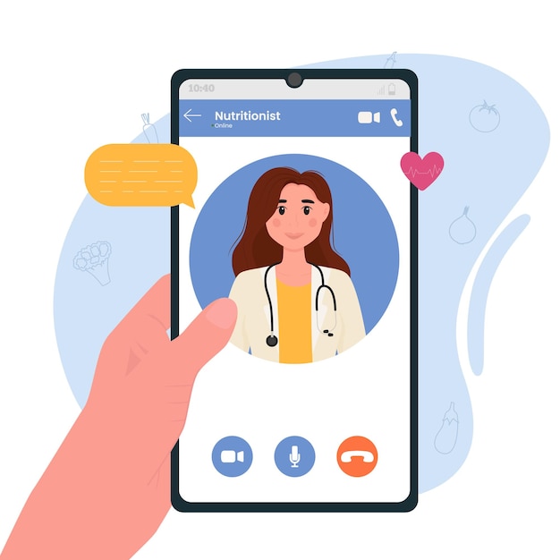 Uma nutricionista feminina na tela do smartphone consulta médica de nutrição e dietoterapia