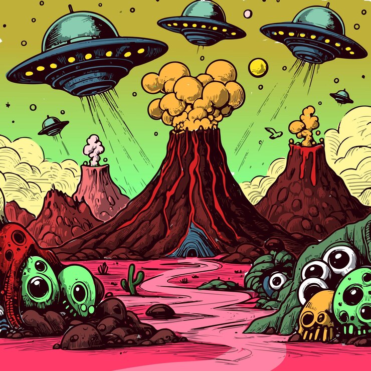 Vetor uma obra de arte psicodélica da paisagem do deserto da área 51, uma ilustração surreal de um alienígena.