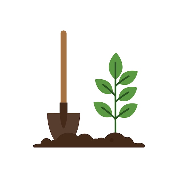 Uma pá marrom apoiada contra o solo rico ao lado de uma planta verde jovem em uma arte vetorial de estilo de design plano minimalista