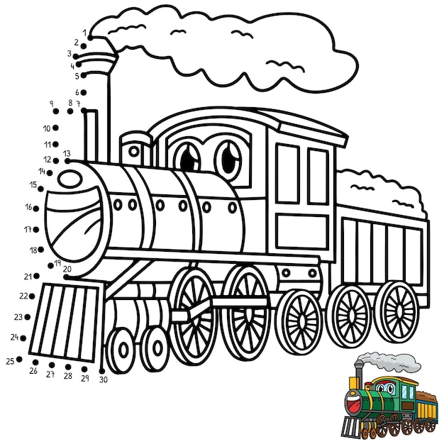 Uma página de coloração de locomotiva a vapor bonita e engraçada para conectar os pontos com o rosto do veículo
