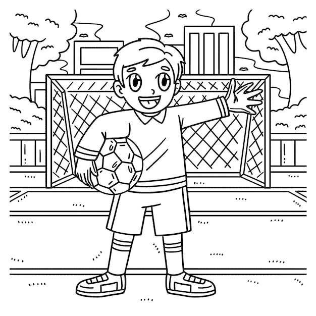 Uma página de colorir bonita e engraçada de um goleiro segurando uma bola de futebol fornece horas de colorir diversão para crianças para colorir esta página é muito fácil adequado para crianças pequenas e crianças pequenas