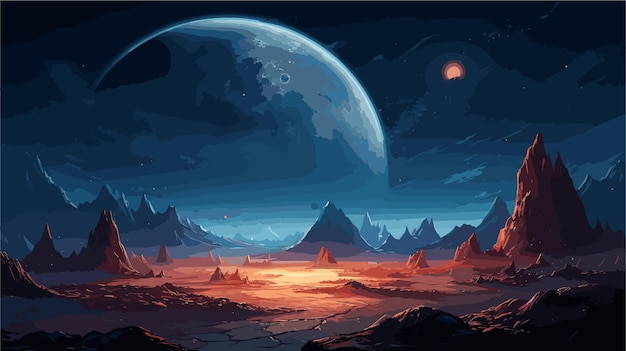 Vetor uma paisagem com fundo de jogo de planetas e estrelas