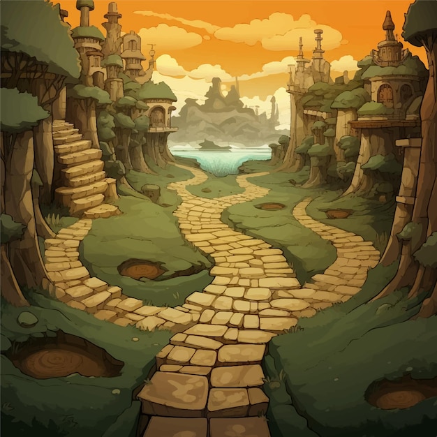 Uma paisagem de castelo de desenho animado com um fundo de jogo de caminho de pedra