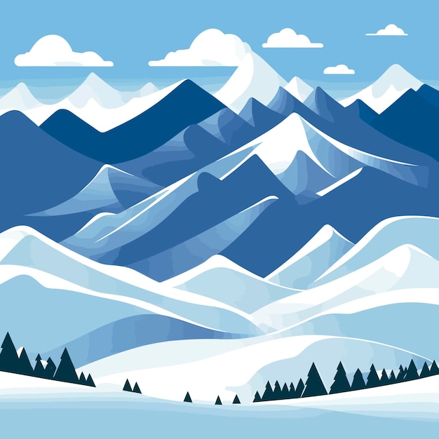 Uma paisagem de montanha azul com montanhas nevadas e um céu azul.