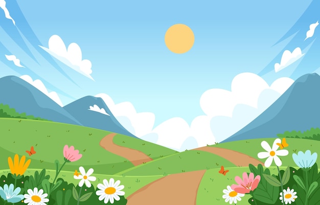 uma paisagem de montanha com flores e uma estrada com o sol no fundo