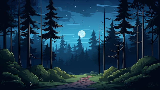 Vetor uma paisagem florestal com uma lua cheia e árvores