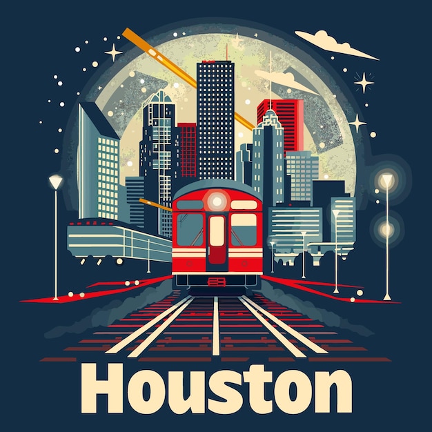 Vetor uma paisagem urbana com um trem vermelho passando por ela e a palavra houston escrita abaixo