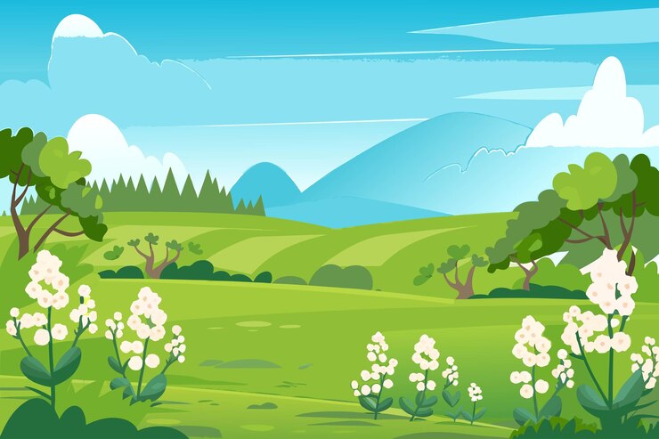 Vetor uma paisagem verde de desenho animado com flores e árvores, colinas onduladas de primavera.