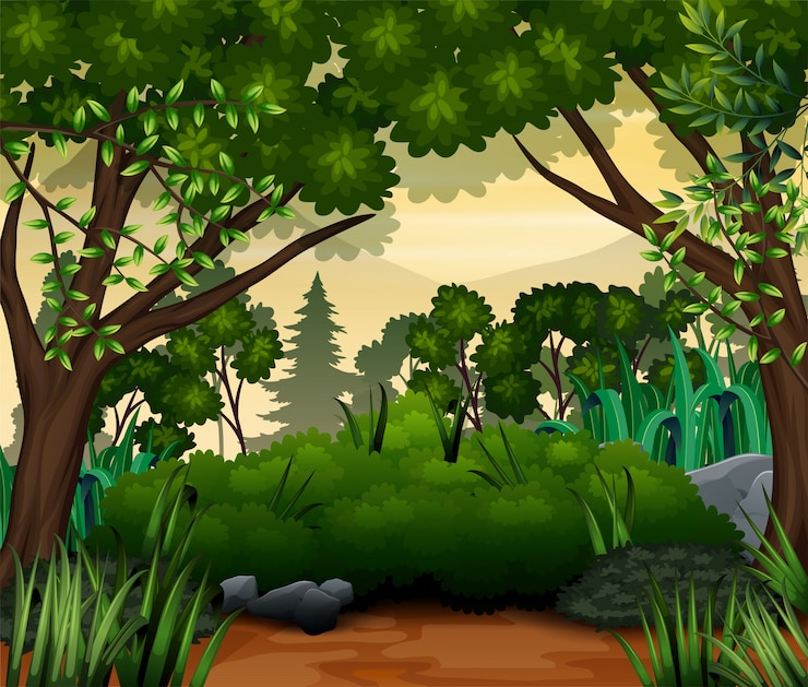Vetor uma paisagem verde floresta tropical com árvores e folhas