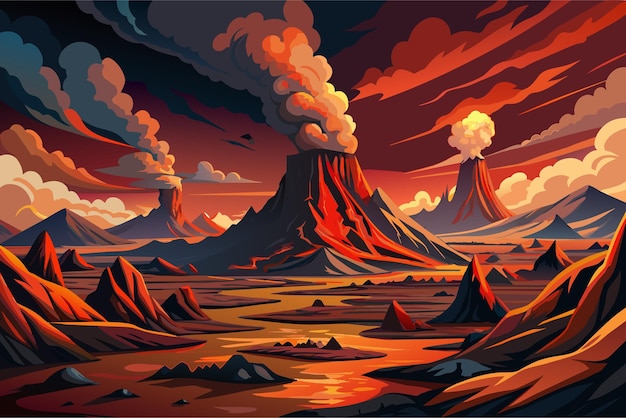 Vetor uma paisagem vulcânica dramática com aberturas fumegantes e formações de lava irregulares ilustração