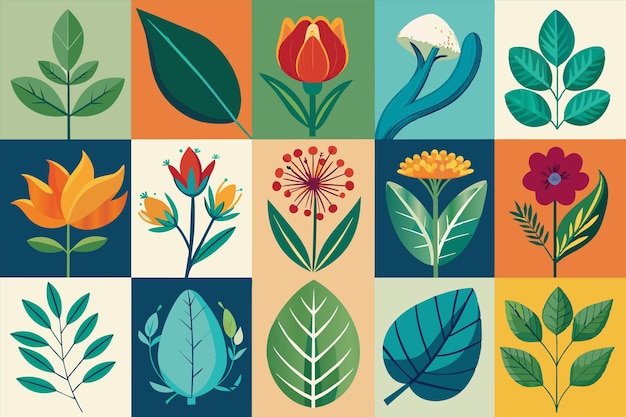 uma parede colorida com folhas e flores de diferentes cores