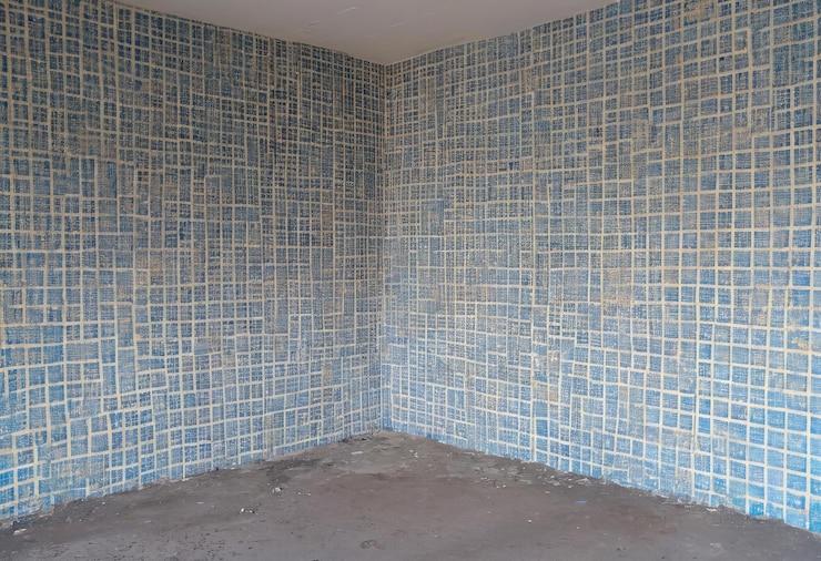 Vetor uma parede de azulejos azuis com um azulejos azul que diz eu te amo