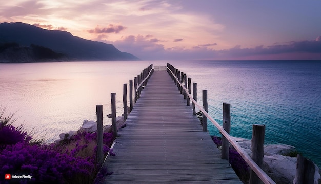 uma passarela de madeira que leva ao mar um belo pôr-do-sol pastel em tons de roxo Foto