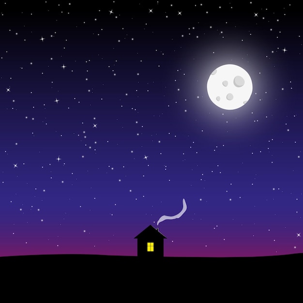 Vetor uma pequena casa aconchegante no fundo de um belo céu estrelado e uma lua brilhante