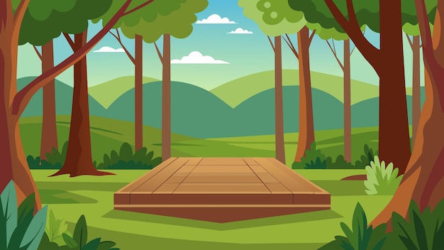 Vetor uma pequena clareira na floresta, completa com uma simples plataforma de madeira para se esticar e admirar