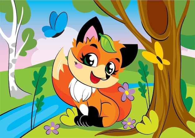 Uma pequena raposa senta-se debaixo de uma árvore ao lado de um rio e uma bétula