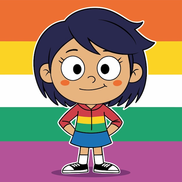 Vetor uma personagem de desenho animado com um fundo colorido arco-íris