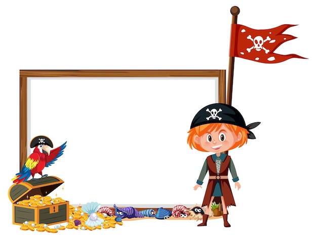 Uma personagem de desenho animado de uma garota pirata com um modelo de banner em branco