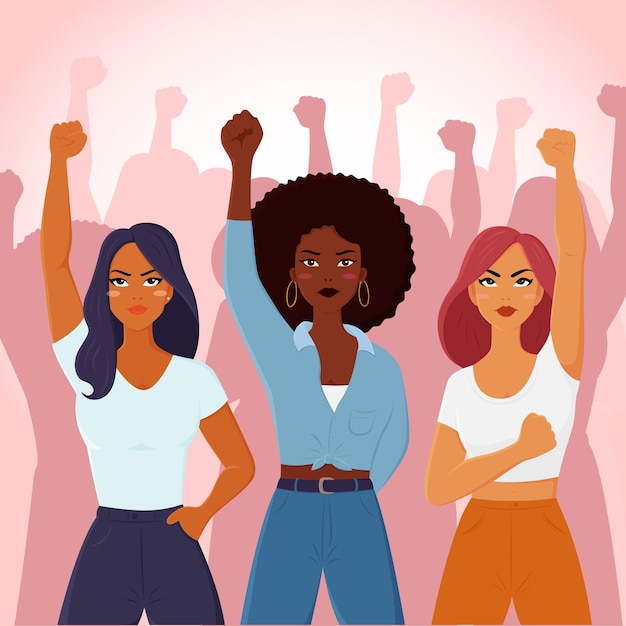 Uma personagem feminina faz um gesto de fistração para mostrar o poder e os direitos das mulheres para a guerra internacional