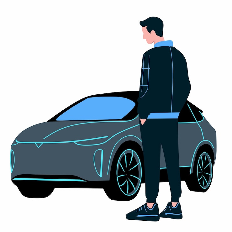 Vetor uma pessoa admira um projeto de carro futurista moderno