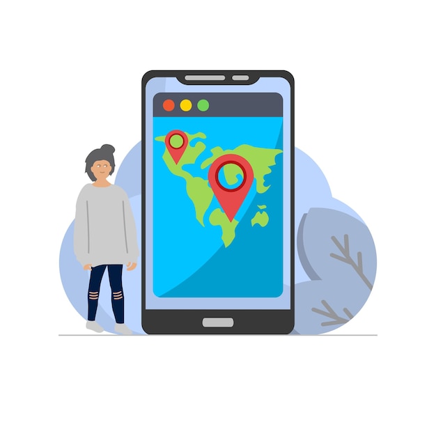 Vetor uma pessoa ao lado de um grande smartphone com um mapa-múndi.