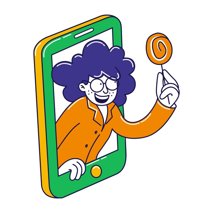 Vetor uma pessoa com um pirulito saindo de um smartphone