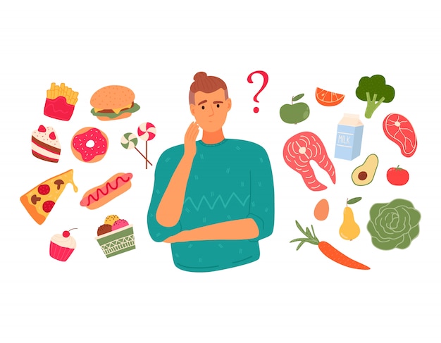 Uma pessoa escolhe entre fast-food e comida saudável e animada. Conceito de dieta.