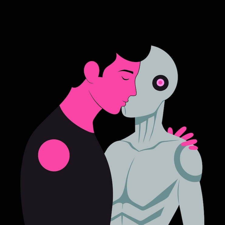 Vetor uma pessoa está a beijar um robô transparente.