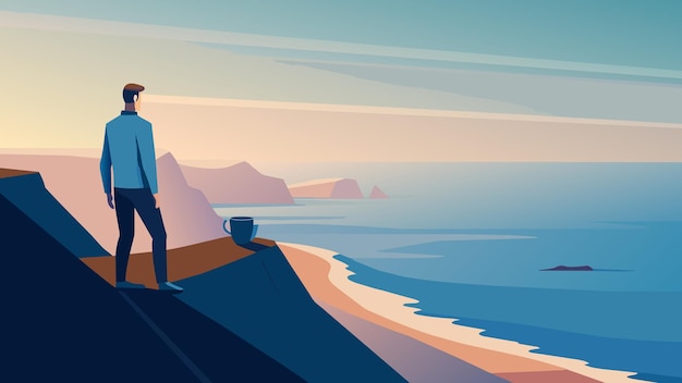 Vetor uma pessoa está de pé na borda de um penhasco com vista para um vasto e tranquilo oceano.