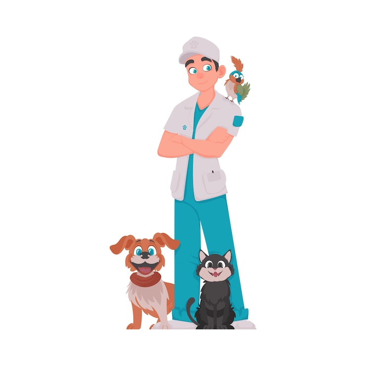 Vetor uma pessoa que cuida de animais e é adorável e divertida está cercada por muitos animais ilustração vetorial