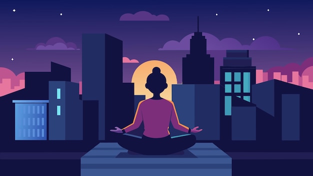 Vetor uma pessoa sentada em um telhado cercada por luzes da cidade meditando e encontrando libertação interior