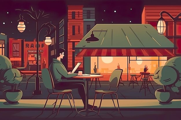 Vetor uma pessoa usando um laptop para trabalhar remotamente em uma cafeteria ou outro local público flat vector illustration