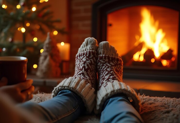 Vetor uma pessoa vestindo botas de inverno senta-se em uma lareira com um fogo ao fundo
