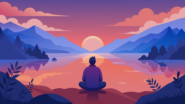 Vetor uma pessoa visualiza-se sentada junto a um lago tranquilo observando o pôr-do-sol e sentindo uma sensação de