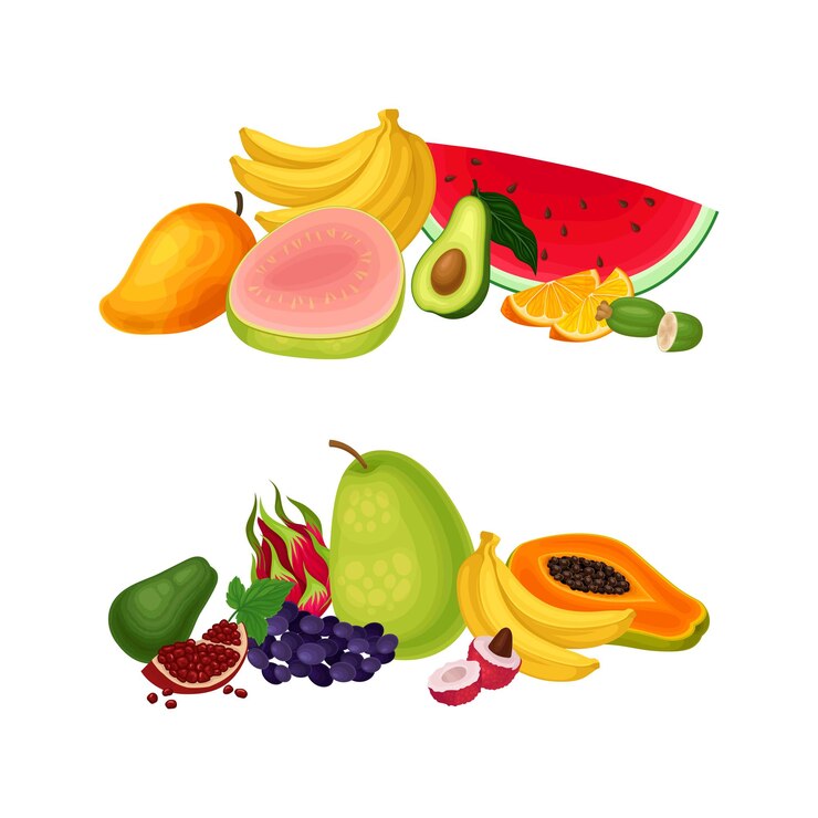 Vetor uma pilha de frutas tropicais brilhantes e suculentas com mangas e bananas