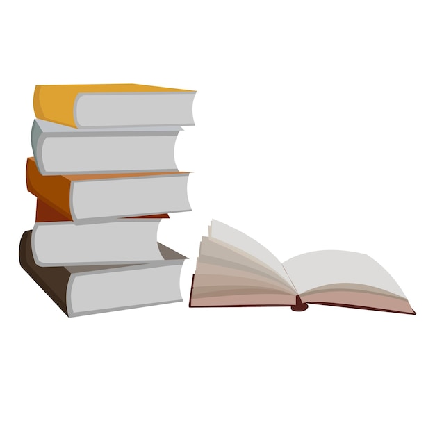 Uma pilha de livros com um aberto à direita