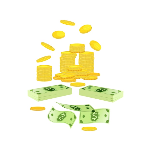 uma pilha de moedas de ouro com uma nota de dólar