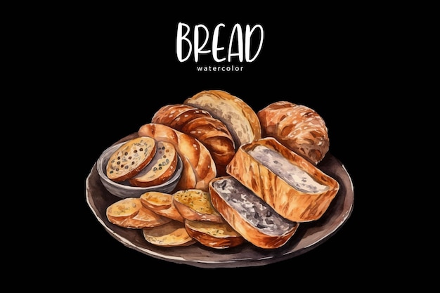 Uma pintura a aquarela de pão em um prato