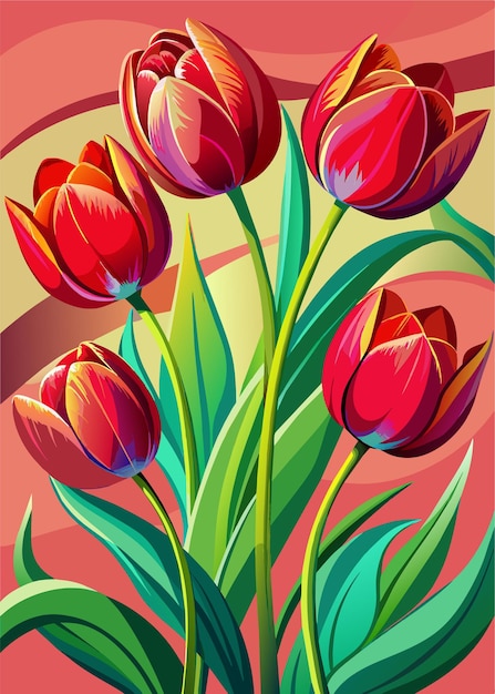 Vetor uma pintura de tulipas vermelhas com folhas verdes