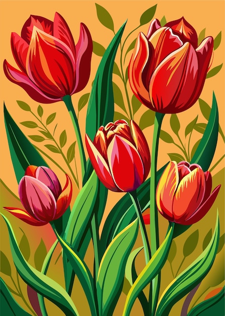 Vetor uma pintura de tulipas vermelhas com folhas verdes