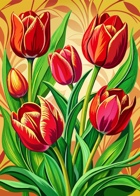 Uma pintura de tulipas vermelhas com folhas verdes