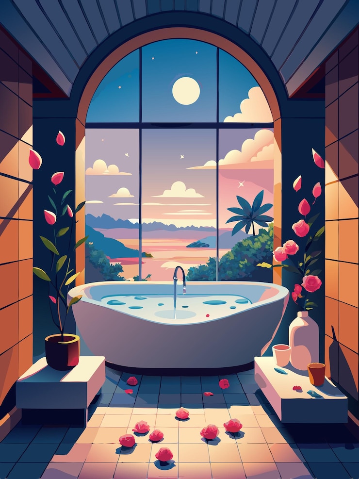 Vetor uma pintura de um banheiro com uma banheira e uma janela com a lua no fundo
