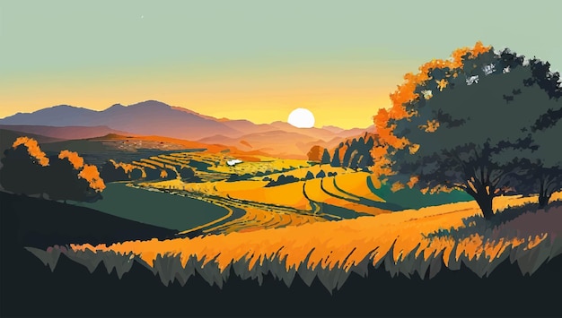 Uma pintura de um campo com um pôr do sol ao fundo.