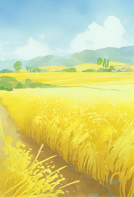 Uma pintura de um campo de trigo com um céu azul ao fundo.